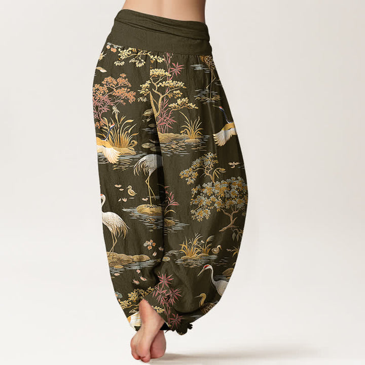 Buddha Stones Cotton Crane Reed Floral Pattern Women's Elastic Waist Harem Pants - image 10