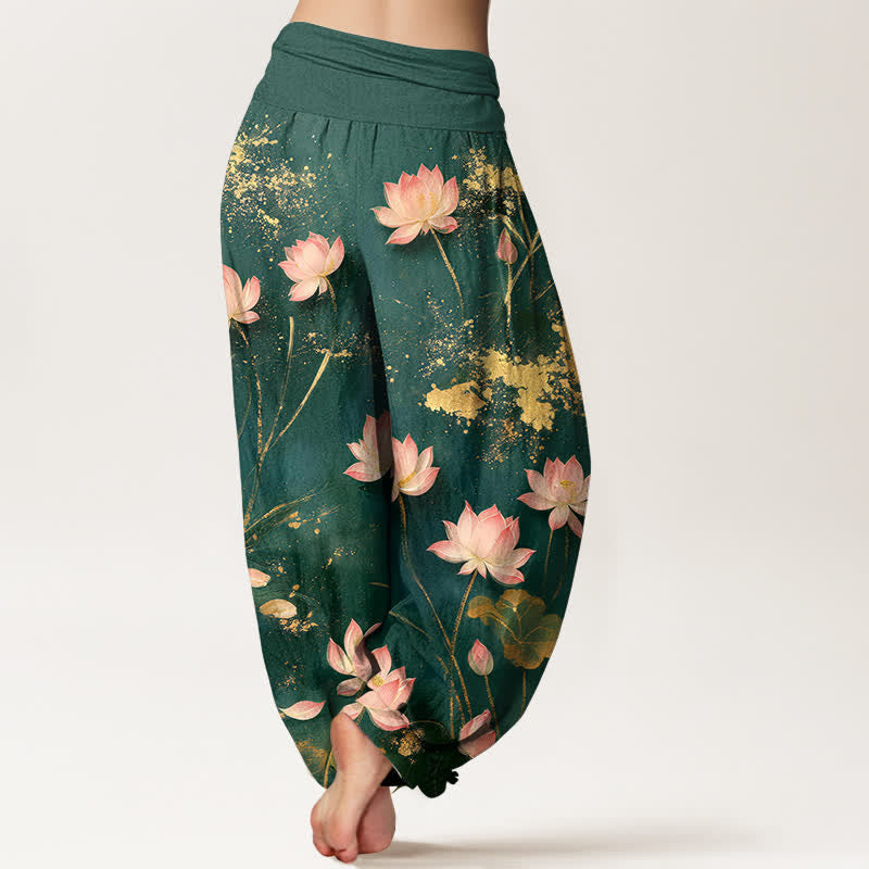Buddha Stones Cotton Pink Lotus Gold Splash Pattern Women's Elastic Waist Harem Pants - image 1