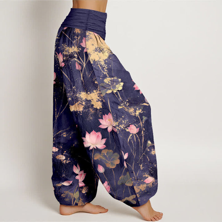 Buddha Stones Cotton Pink Lotus Gold Splash Pattern Women's Elastic Waist Harem Pants - image 6