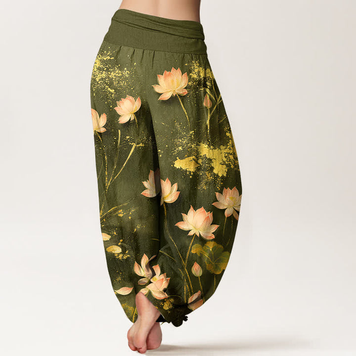 Buddha Stones Cotton Pink Lotus Gold Splash Pattern Women's Elastic Waist Harem Pants - image 10
