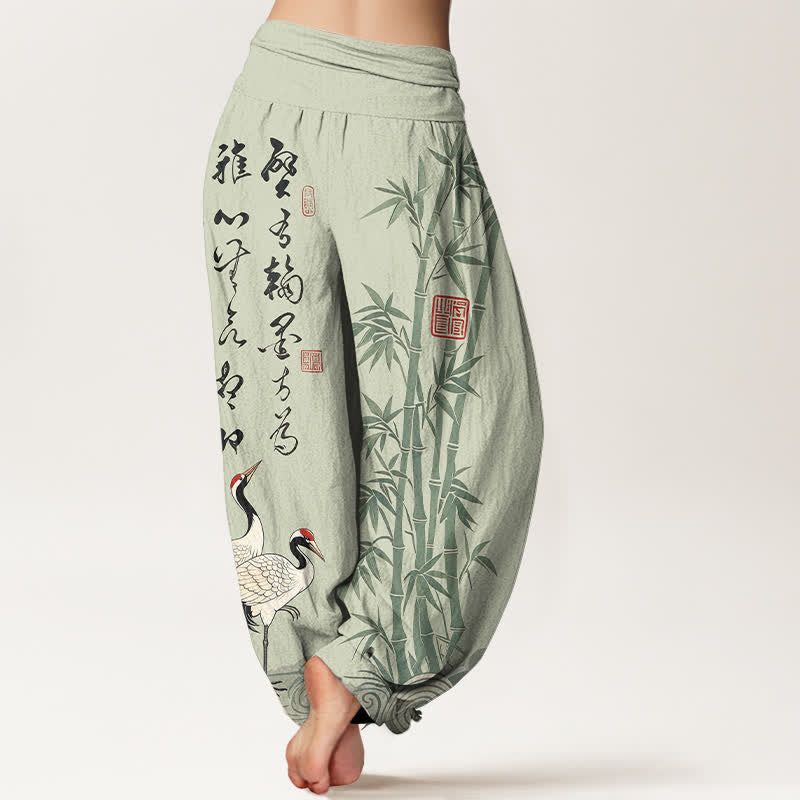 Buddha Stones Cotton Bamboo Calligraphy Crane Pattern Women's Elastic Waist Harem Pants - image 7