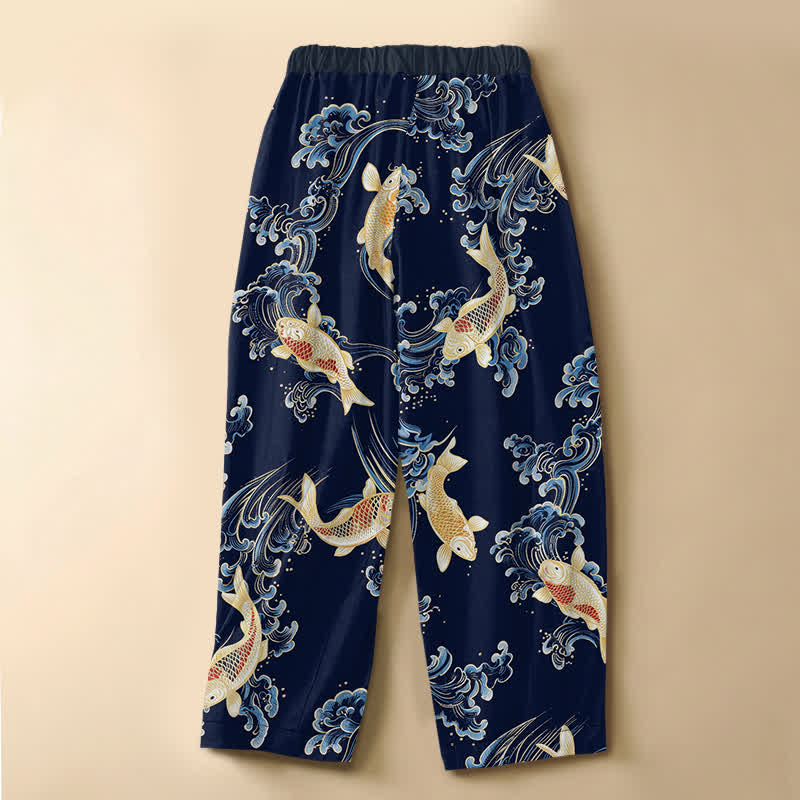 Buddha Stones Pure Cotton Vintage Koi Wave Pattern Frog Button Women's Elastic Waist Harem Pants With Pockets - image 1