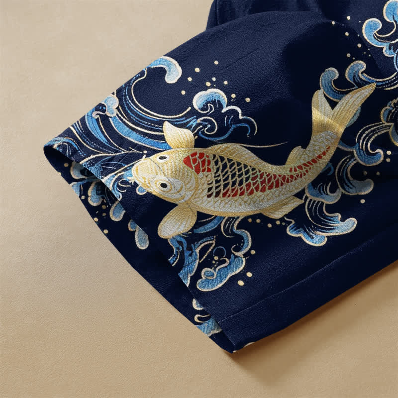 Buddha Stones Pure Cotton Vintage Koi Wave Pattern Frog Button Women's Elastic Waist Harem Pants With Pockets - image 3