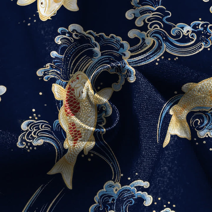 Buddha Stones Pure Cotton Vintage Koi Wave Pattern Frog Button Women's Elastic Waist Harem Pants With Pockets - image 4