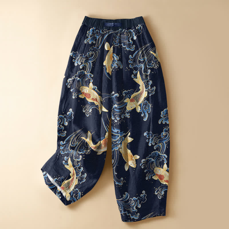 Buddha Stones Pure Cotton Vintage Koi Wave Pattern Frog Button Women's Elastic Waist Harem Pants With Pockets - Navy - US16，UK/AU20，EU48 (3XL) - image 0
