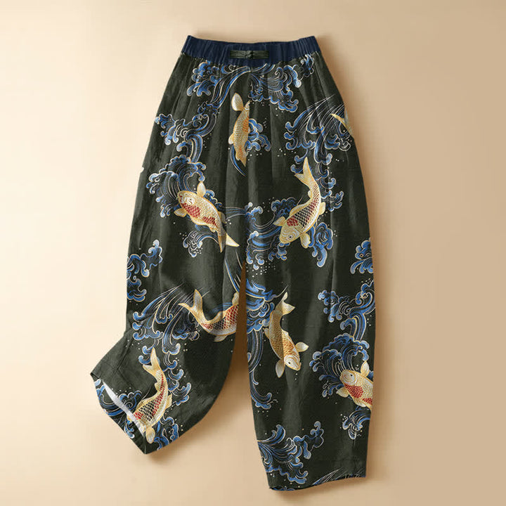 Buddha Stones Pure Cotton Vintage Koi Wave Pattern Frog Button Women's Elastic Waist Harem Pants With Pockets - DarkOliveGreen - US16，UK/AU20，EU48 (3XL) - image 5