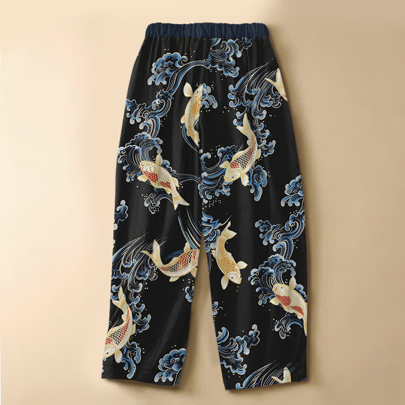 Buddha Stones Pure Cotton Vintage Koi Wave Pattern Frog Button Women's Elastic Waist Harem Pants With Pockets - image 8