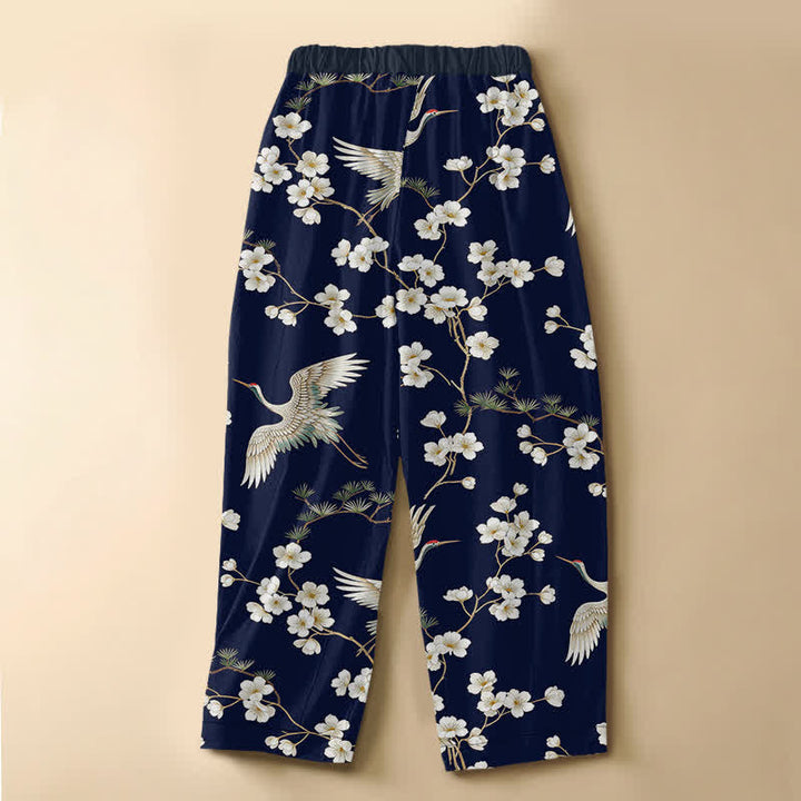 Buddha Stones Pure Cotton Vintage Crane Blossom Pattern Frog Button Women's Elastic Waist Harem Pants With Pockets - image 1