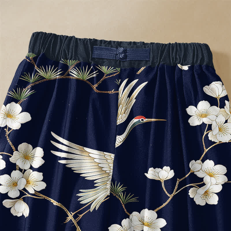 Buddha Stones Pure Cotton Vintage Crane Blossom Pattern Frog Button Women's Elastic Waist Harem Pants With Pockets - image 2