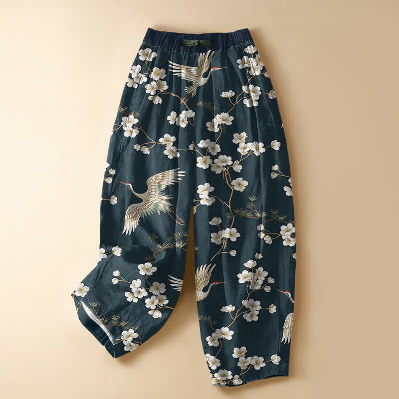 Buddha Stones Pure Cotton Vintage Crane Blossom Pattern Frog Button Women's Elastic Waist Harem Pants With Pockets - DarkCyan - US16，UK/AU20，EU48 (3XL) - image 5