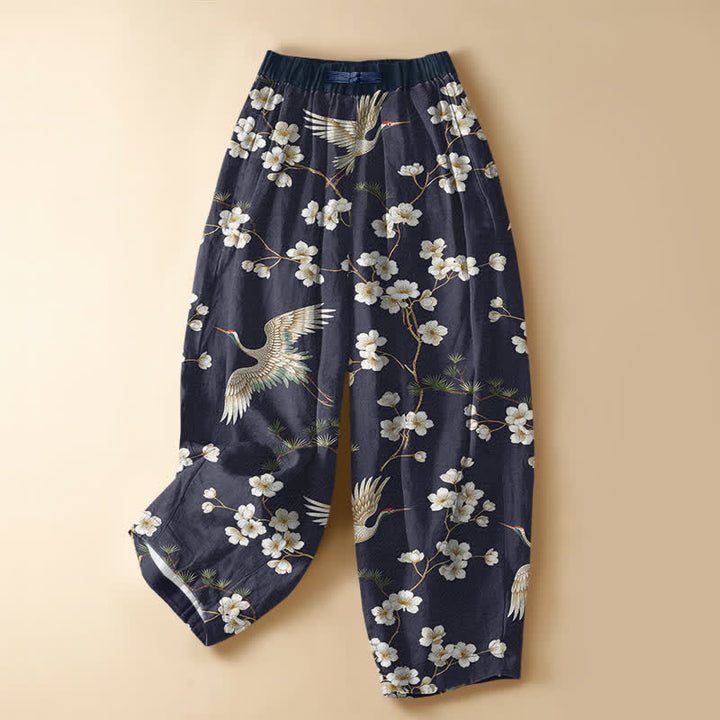 Buddha Stones Pure Cotton Vintage Crane Blossom Pattern Frog Button Women's Elastic Waist Harem Pants With Pockets - DarkSlateBlue - US16，UK/AU20，EU48 (3XL) - image 7