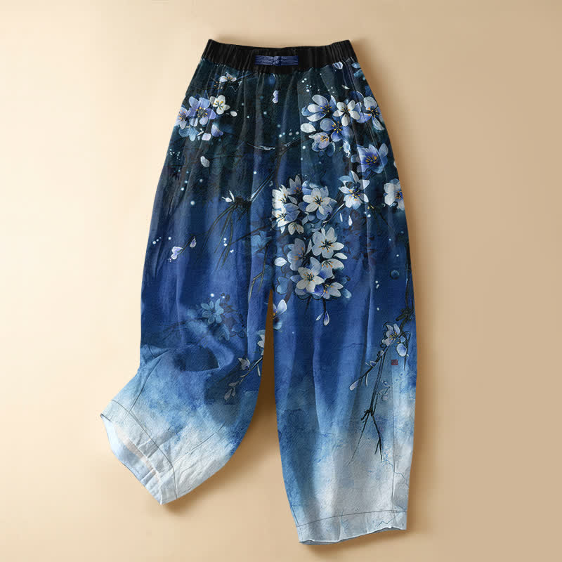 Buddha Stones Pure Cotton Ombre Sakura Blossom Pattern Frog Button Women's Elastic Waist Harem Pants With Pockets - Blue - US16，UK/AU20，EU48 (3XL) - image 5