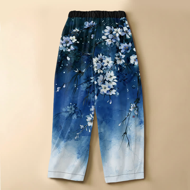 Buddha Stones Pure Cotton Ombre Sakura Blossom Pattern Frog Button Women's Elastic Waist Harem Pants With Pockets - image 6