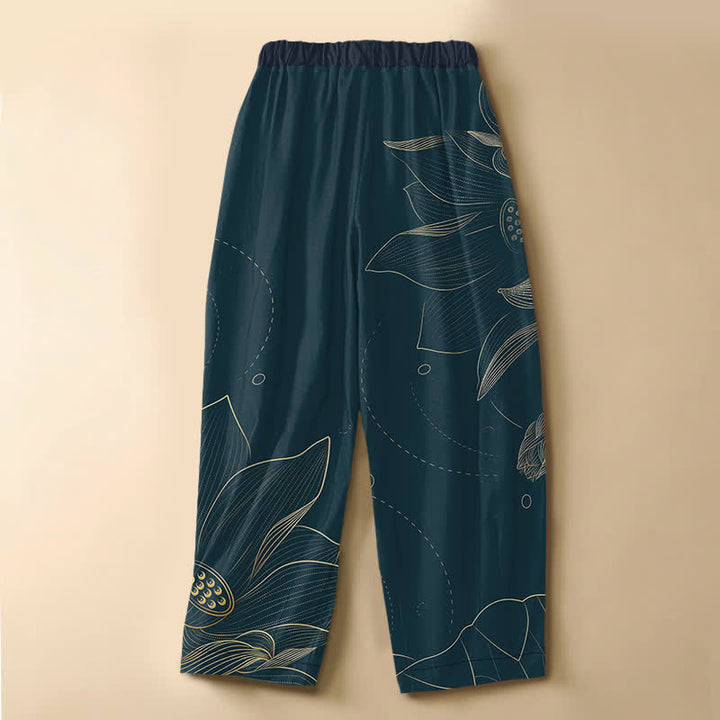 Buddha Stones Pure Cotton Vintage Lotus Line Art Pattern Frog Button Women's Elastic Waist Harem Pants With Pockets - image 1
