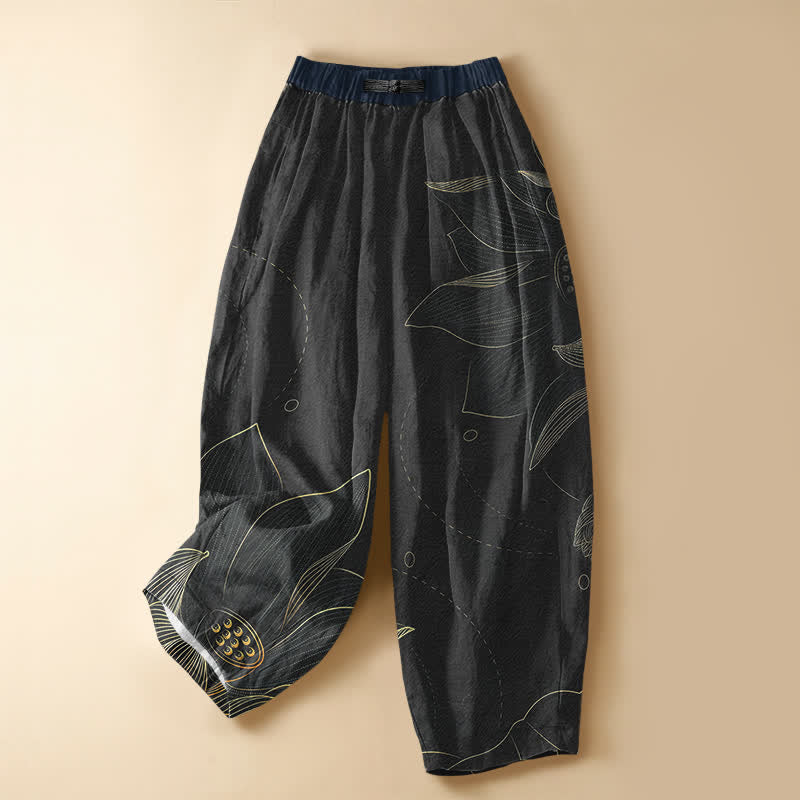 Buddha Stones Pure Cotton Vintage Lotus Line Art Pattern Frog Button Women's Elastic Waist Harem Pants With Pockets - Black - US16，UK/AU20，EU48 (3XL) - image 7