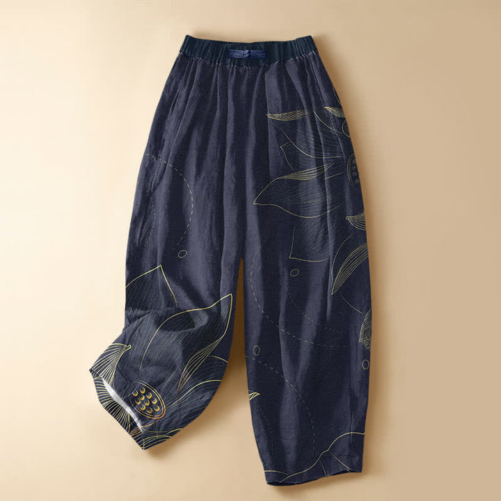 Buddha Stones Pure Cotton Vintage Lotus Line Art Pattern Frog Button Women's Elastic Waist Harem Pants With Pockets - Indigo - US16，UK/AU20，EU48 (3XL) - image 5