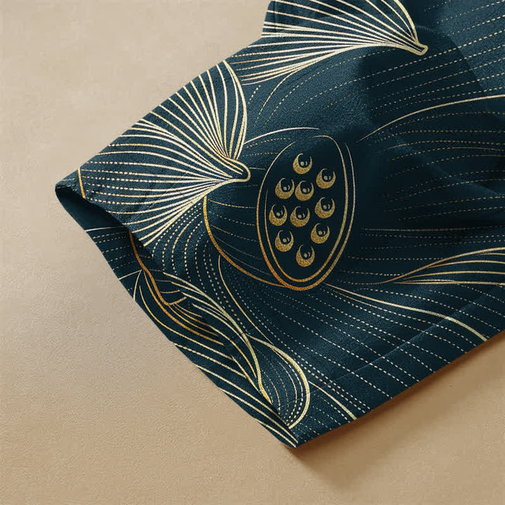 Buddha Stones Pure Cotton Vintage Lotus Line Art Pattern Frog Button Women's Elastic Waist Harem Pants With Pockets - image 3