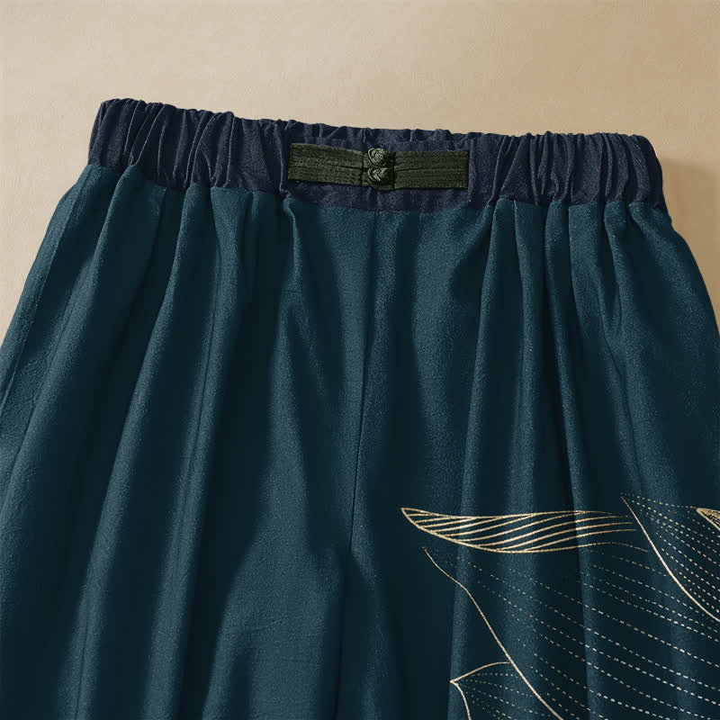 Buddha Stones Pure Cotton Vintage Lotus Line Art Pattern Frog Button Women's Elastic Waist Harem Pants With Pockets - image 2