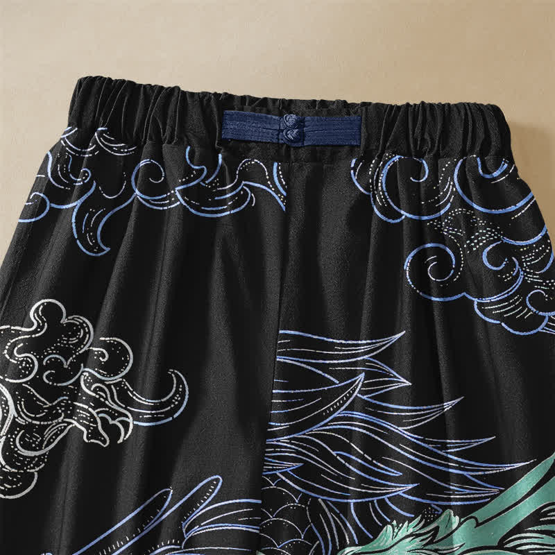 Buddha Stones Pure Cotton Oriental Dragon Wave Pattern Frog Button Women's Elastic Waist Harem Pants With Pockets - image 2