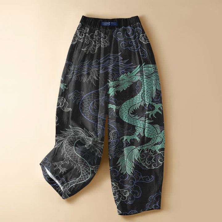Buddha Stones Pure Cotton Oriental Dragon Wave Pattern Frog Button Women's Elastic Waist Harem Pants With Pockets - Black - US16，UK/AU20，EU48 (3XL) - image 0