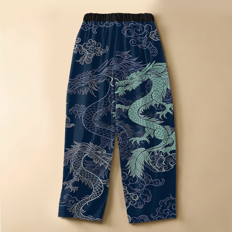 Buddha Stones Pure Cotton Oriental Dragon Wave Pattern Frog Button Women's Elastic Waist Harem Pants With Pockets - image 6