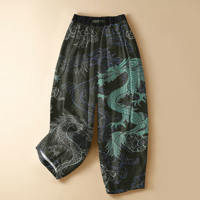 Buddha Stones Pure Cotton Oriental Dragon Wave Pattern Frog Button Women's Elastic Waist Harem Pants With Pockets - DarkOliveGreen - US16，UK/AU20，EU48 (3XL) - image 7