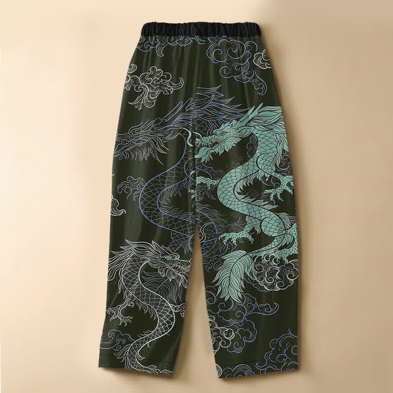 Buddha Stones Pure Cotton Oriental Dragon Wave Pattern Frog Button Women's Elastic Waist Harem Pants With Pockets - image 8