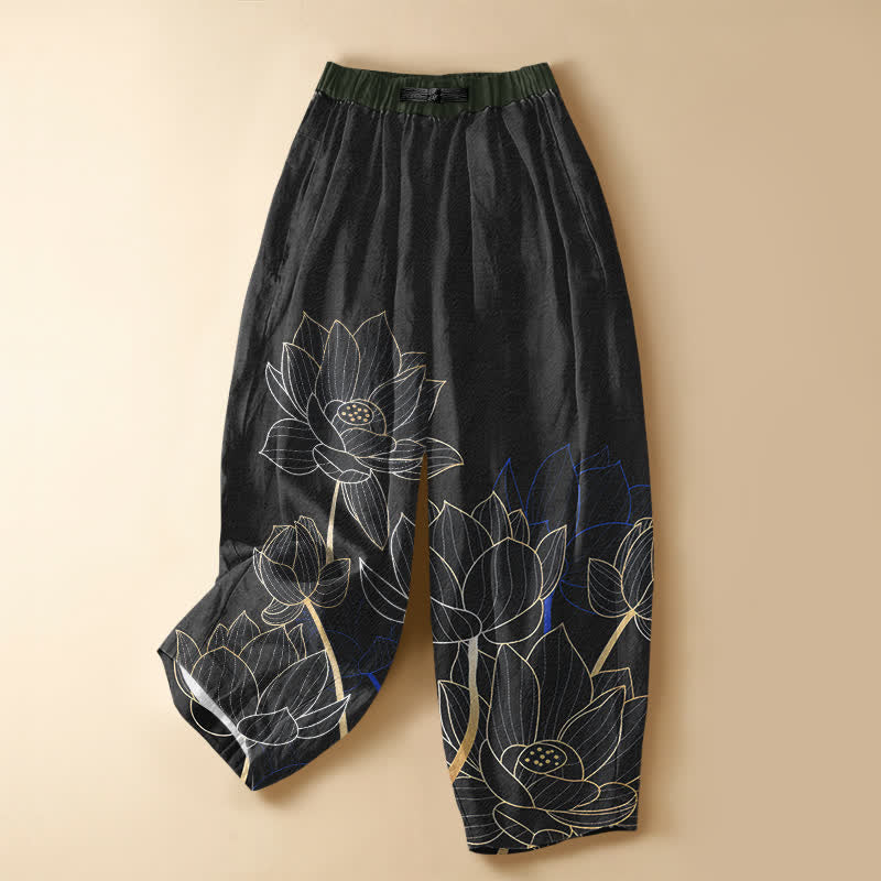 Buddha Stones Pure Cotton Elegant Lotus Outline Pattern Frog Button Women's Elastic Waist Harem Pants With Pockets - Black - US16，UK/AU20，EU48 (3XL) - image 5