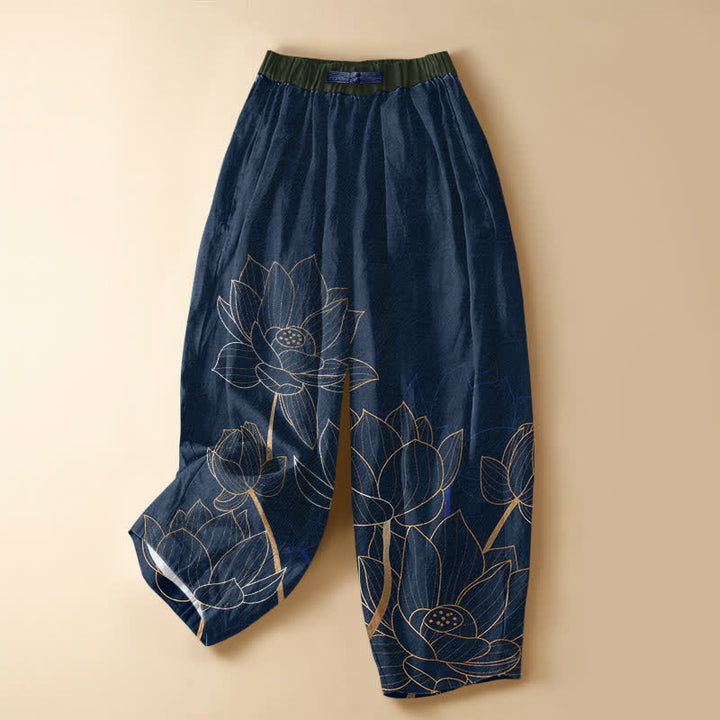 Buddha Stones Pure Cotton Elegant Lotus Outline Pattern Frog Button Women's Elastic Waist Harem Pants With Pockets - Navy - US16，UK/AU20，EU48 (3XL) - image 7
