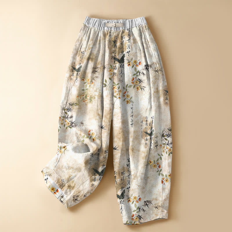 Buddha Stones Pure Cotton Calligraphy Floral Bird Pattern Frog Button Women's Elastic Waist Harem Pants With Pockets - Cornsilk - US16，UK/AU20，EU48 (3XL) - image 5
