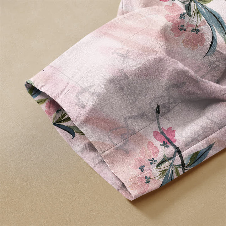 Buddha Stones Pure Cotton Romantic Blossom Leaf Pattern Frog Button Women's Elastic Waist Harem Pants With Pockets - image 3