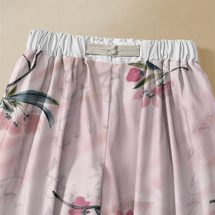 Buddha Stones Pure Cotton Romantic Blossom Leaf Pattern Frog Button Women's Elastic Waist Harem Pants With Pockets - image 2