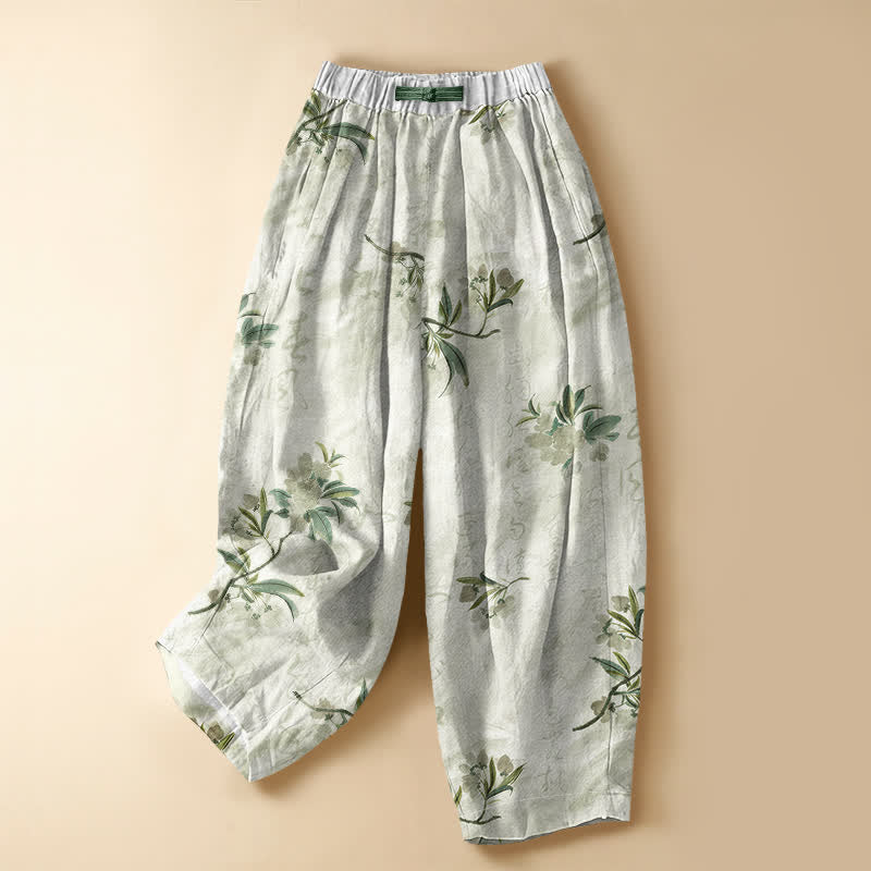 Buddha Stones Pure Cotton Romantic Blossom Leaf Pattern Frog Button Women's Elastic Waist Harem Pants With Pockets - MintCream - US16，UK/AU20，EU48 (3XL) - image 5
