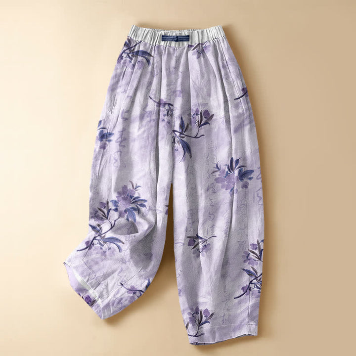 Buddha Stones Pure Cotton Romantic Blossom Leaf Pattern Frog Button Women's Elastic Waist Harem Pants With Pockets - Lavender - US16，UK/AU20，EU48 (3XL) - image 7