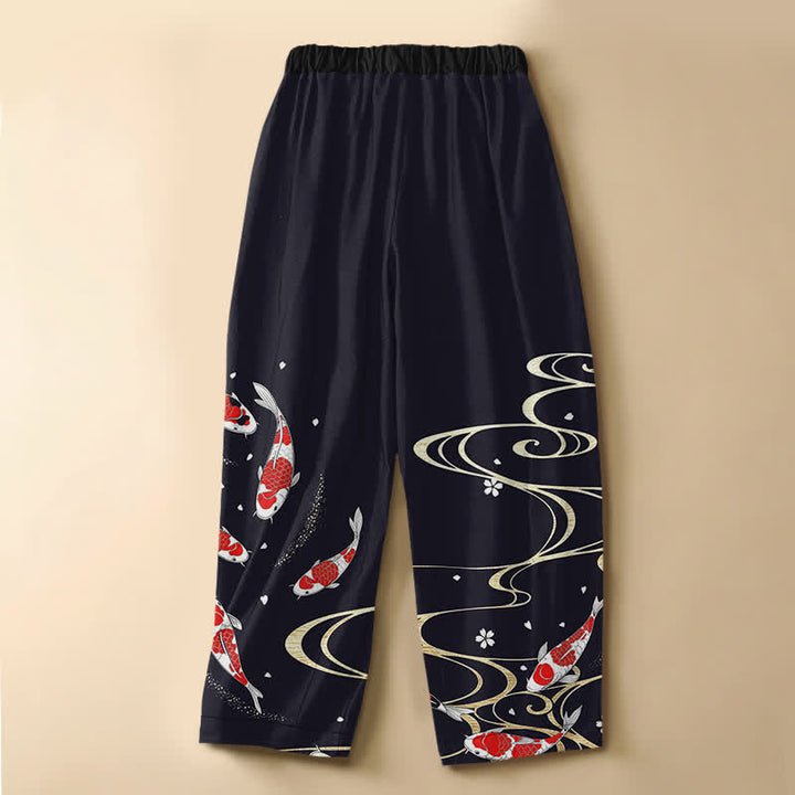Buddha Stones Pure Cotton Oriental Koi Water Pattern Frog Button Women's Elastic Waist Harem Pants With Pockets - image 1