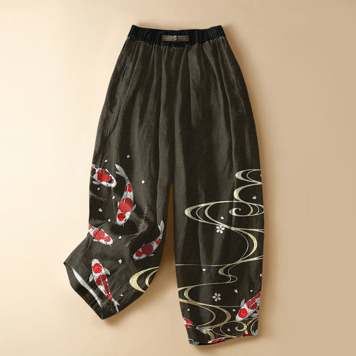 Buddha Stones Pure Cotton Oriental Koi Water Pattern Frog Button Women's Elastic Waist Harem Pants With Pockets - DarkOliveGreen - US16，UK/AU20，EU48 (3XL) - image 5