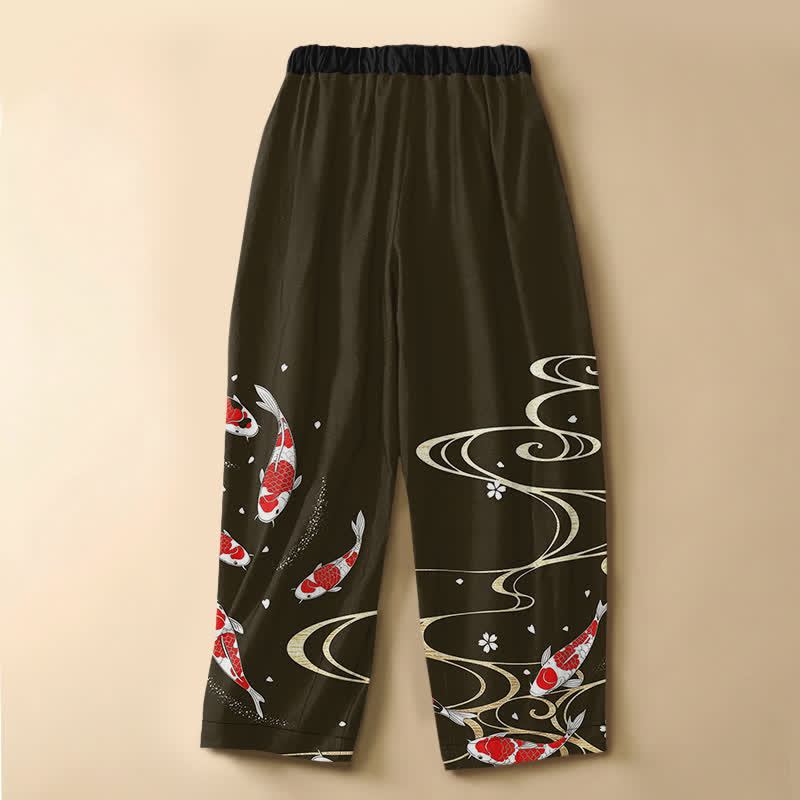 Buddha Stones Pure Cotton Oriental Koi Water Pattern Frog Button Women's Elastic Waist Harem Pants With Pockets - image 6