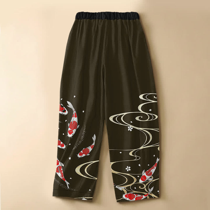 Buddha Stones Pure Cotton Oriental Koi Water Pattern Frog Button Women's Elastic Waist Harem Pants With Pockets - image 6