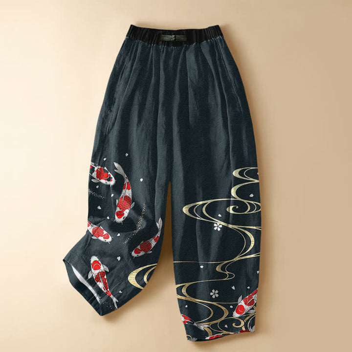 Buddha Stones Pure Cotton Oriental Koi Water Pattern Frog Button Women's Elastic Waist Harem Pants With Pockets - DarkCyan - US16，UK/AU20，EU48 (3XL) - image 7