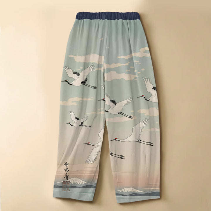 Buddha Stones Pure Cotton Ink Crane Landscape Pattern Frog Button Women's Elastic Waist Harem Pants With Pockets - image 1