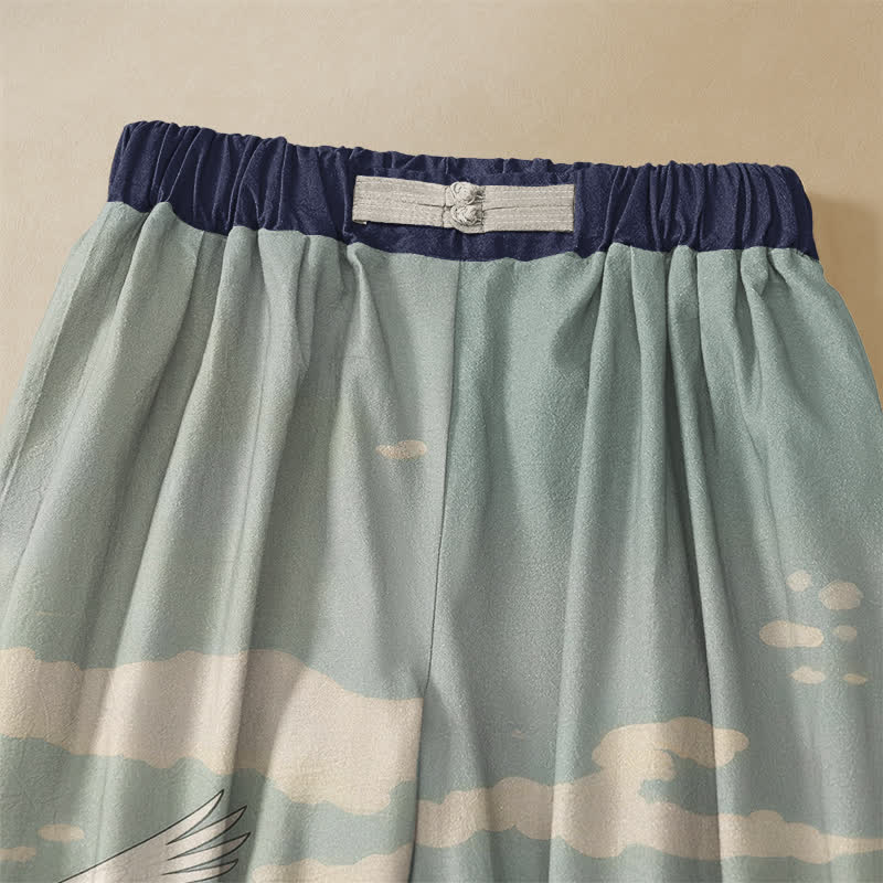 Buddha Stones Pure Cotton Ink Crane Landscape Pattern Frog Button Women's Elastic Waist Harem Pants With Pockets - image 2