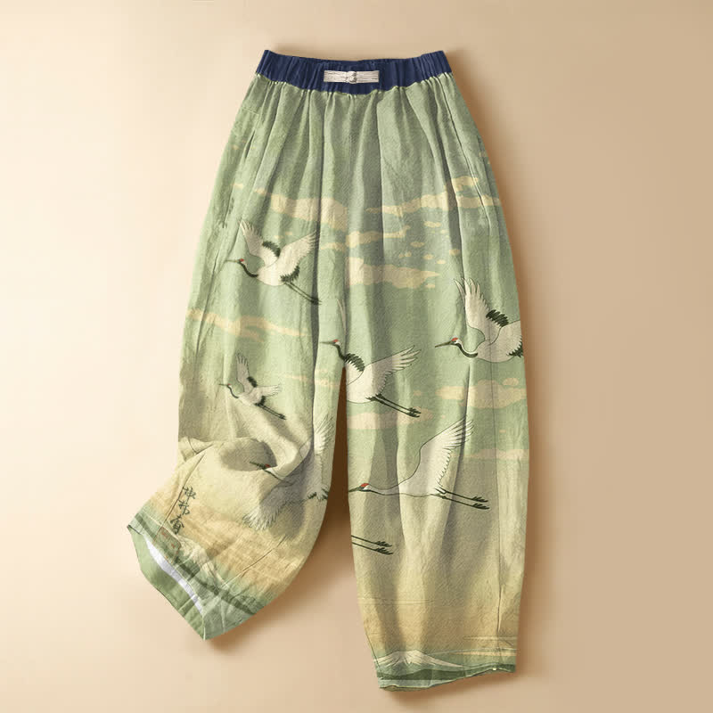 Buddha Stones Pure Cotton Ink Crane Landscape Pattern Frog Button Women's Elastic Waist Harem Pants With Pockets - YellowGreen - US16，UK/AU20，EU48 (3XL) - image 7