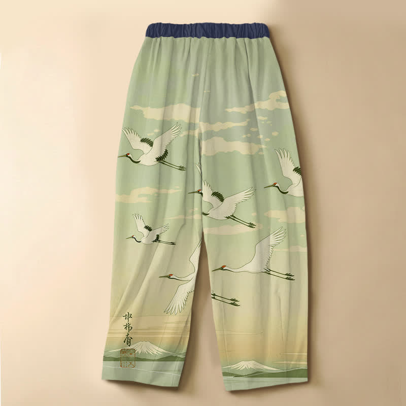 Buddha Stones Pure Cotton Ink Crane Landscape Pattern Frog Button Women's Elastic Waist Harem Pants With Pockets - image 8