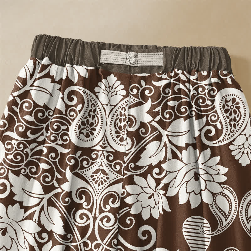 Buddha Stones Pure Cotton Vintage Border Paisley Bloom Pattern Frog Button Women's Elastic Waist Harem Pants With Pockets - image 3
