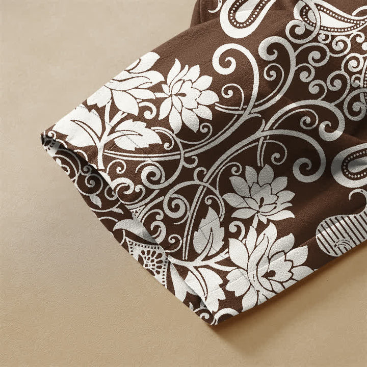 Buddha Stones Pure Cotton Vintage Border Paisley Bloom Pattern Frog Button Women's Elastic Waist Harem Pants With Pockets - image 2