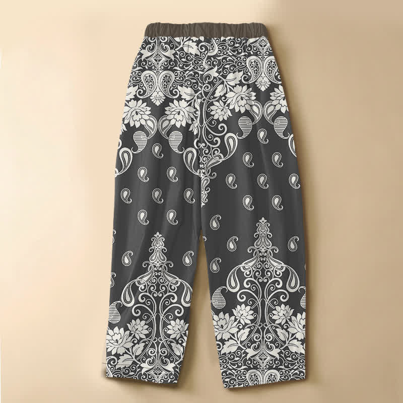 Buddha Stones Pure Cotton Vintage Border Paisley Bloom Pattern Frog Button Women's Elastic Waist Harem Pants With Pockets - image 6