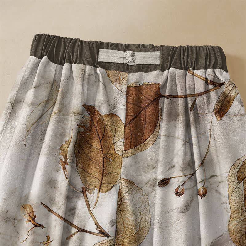 Buddha Stones Pure Cotton Autumn Leaf Botanical Pattern Frog Button Women's Elastic Waist Harem Pants With Pockets - image 3