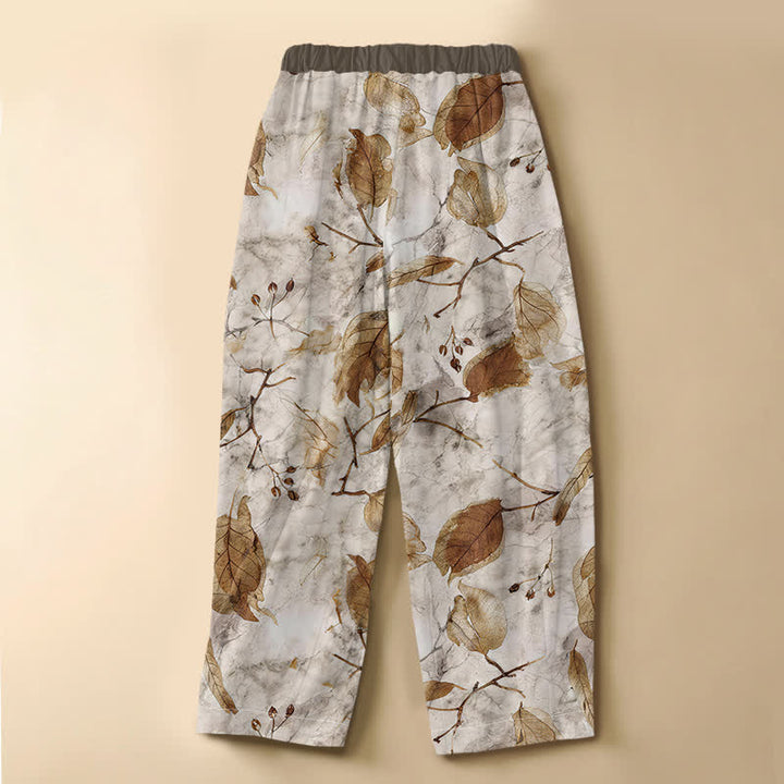 Buddha Stones Pure Cotton Autumn Leaf Botanical Pattern Frog Button Women's Elastic Waist Harem Pants With Pockets - image 1