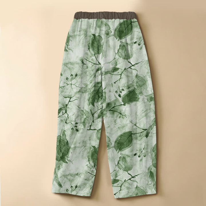 Buddha Stones Pure Cotton Autumn Leaf Botanical Pattern Frog Button Women's Elastic Waist Harem Pants With Pockets - image 6
