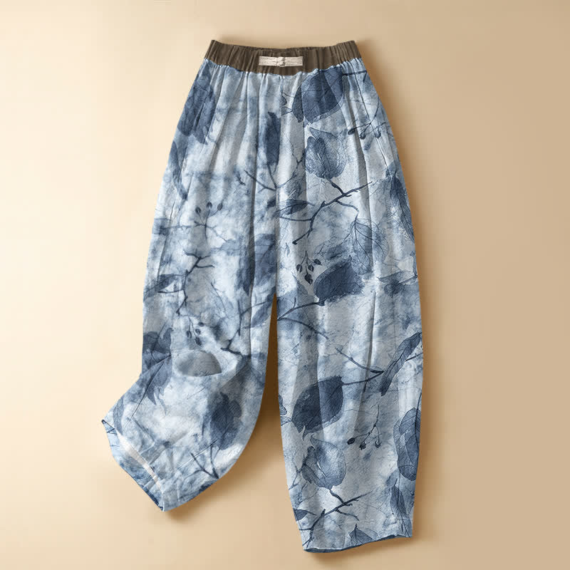 Buddha Stones Pure Cotton Autumn Leaf Botanical Pattern Frog Button Women's Elastic Waist Harem Pants With Pockets - PowderBlue - US16，UK/AU20，EU48 (3XL) - image 7